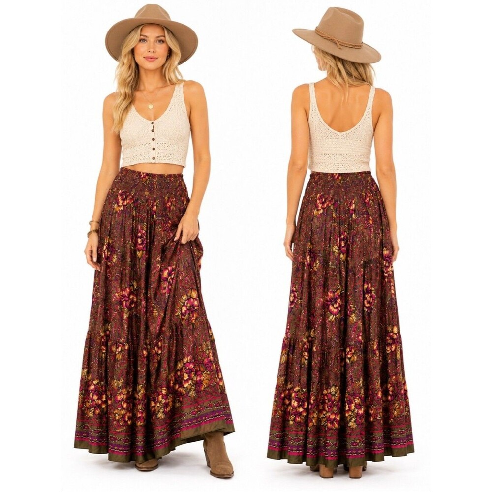 Studio Michelle Vintage Boho Tiered Maxi Skirt Women Floral Paisley Size Small
